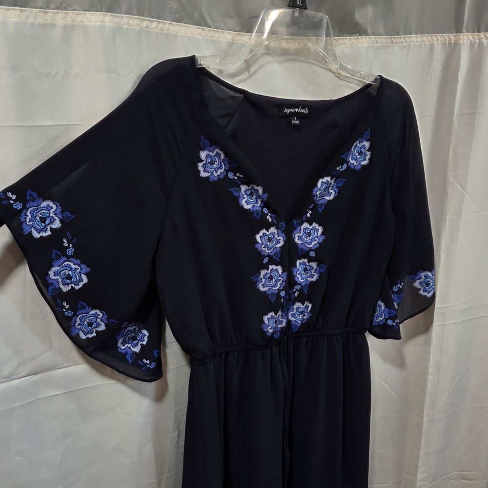 Sequin Hearts Floral Embroidered Mesh Dress Sz L Juniors Elastic Waist Romantic